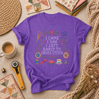 I Came I Saw I Left Early To Cross Stitch T-Shirt - Heather Team Purple
