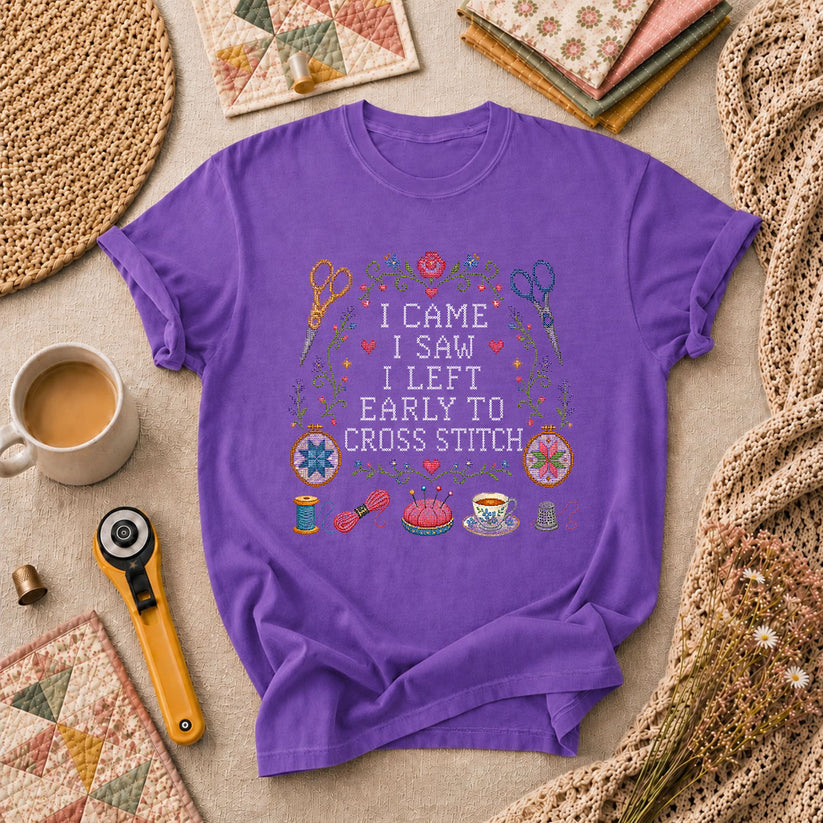 I Came I Saw I Left Early To Cross Stitch T-Shirt - Heather Team Purple