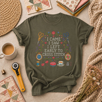 I Came I Saw I Left Early To Cross Stitch T-Shirt - Military Green
