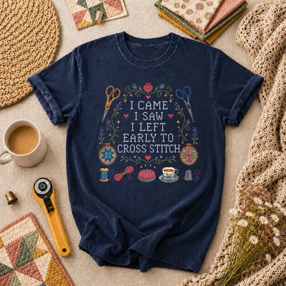 I Came I Saw I Left Early To Cross Stitch T-Shirt - Navy
