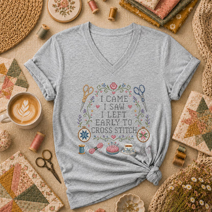 I Came I Saw I Left Early To Cross Stitch Women's V-Neck - Athletic Heather