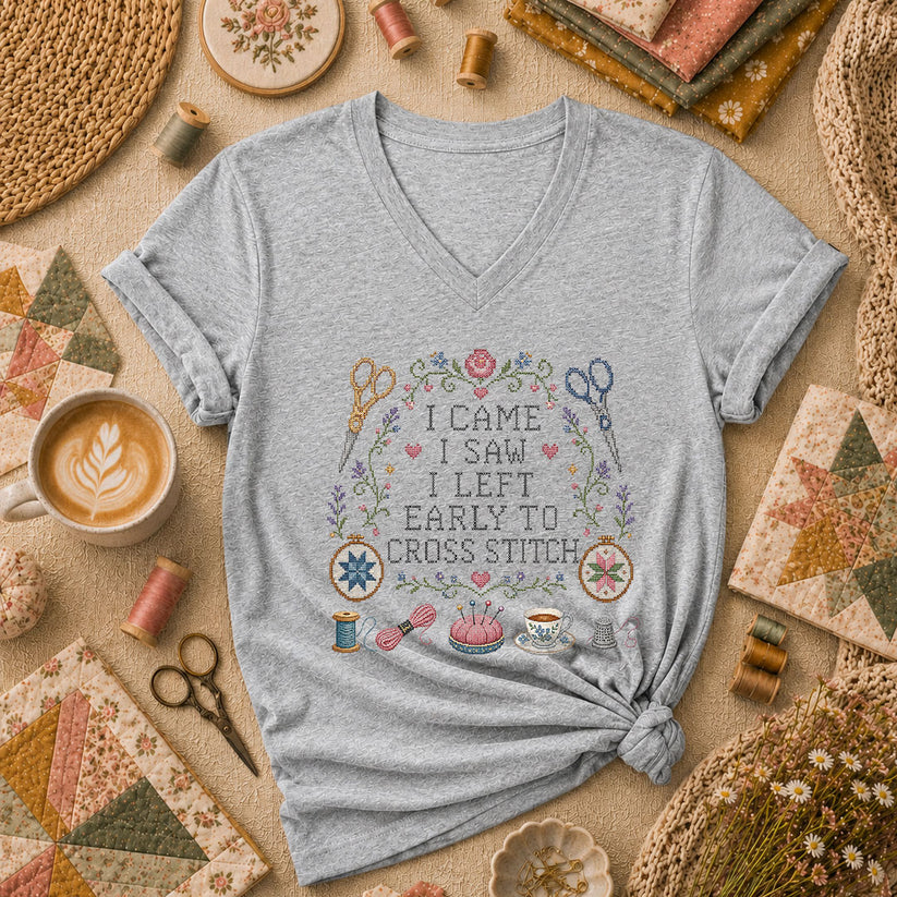 I Came I Saw I Left Early To Cross Stitch Women's V-Neck - Athletic Heather