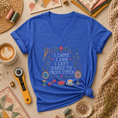 I Came I Saw I Left Early To Cross Stitch Women's V-Neck - Heather True Royal