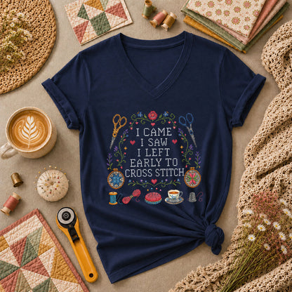 I Came I Saw I Left Early To Cross Stitch Women's V-Neck - Navy