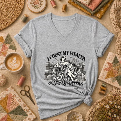 I Count My Wealth In Fat Quarters Women's V-Neck - Athletic Heather