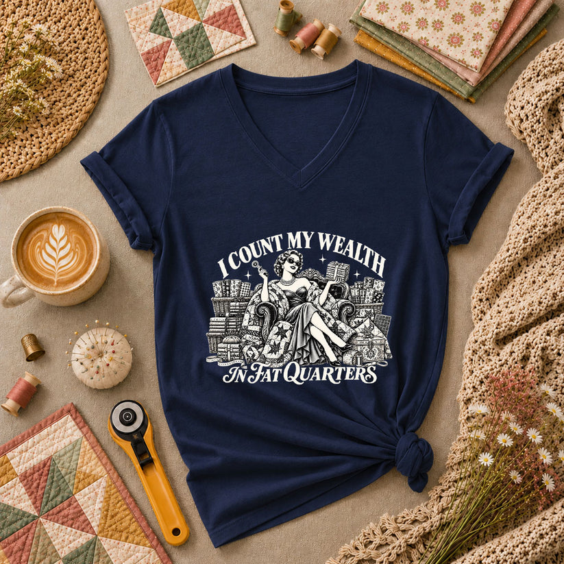 I Count My Wealth In Fat Quarters Women's V-Neck - Navy