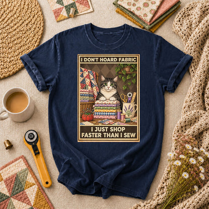 I Don't Hoard Fabric I Just Shop Faster Than I Sew Cat T-Shirt - Navy