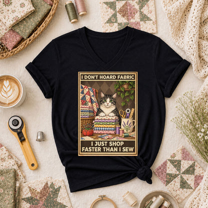 I Don't Hoard Fabric I Just Shop Faster Than I Sew Cat Women's V-Neck - Black