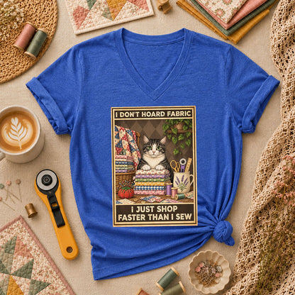 I Don't Hoard Fabric I Just Shop Faster Than I Sew Cat Women's V-Neck - Heather True Royal