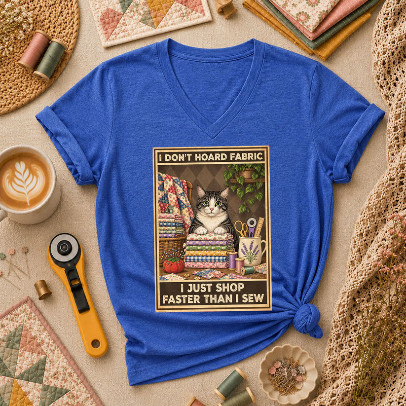 I Don't Hoard Fabric I Just Shop Faster Than I Sew Cat Women's V-Neck - Heather True Royal