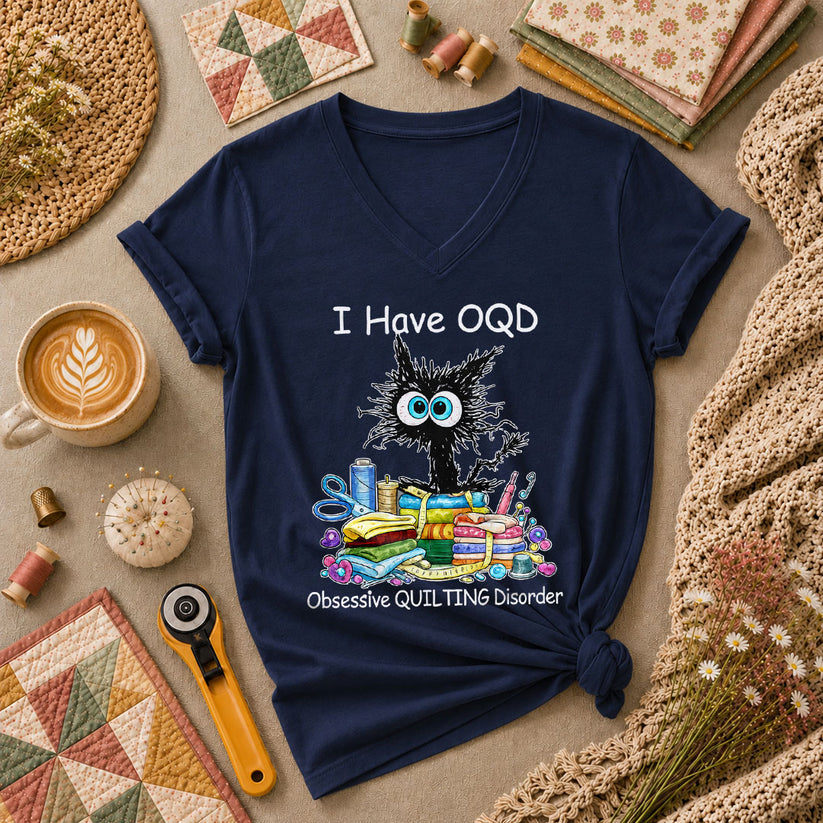 I Have OQD Obsessive Quilting Disorder Vintage Women's V-Neck - Navy