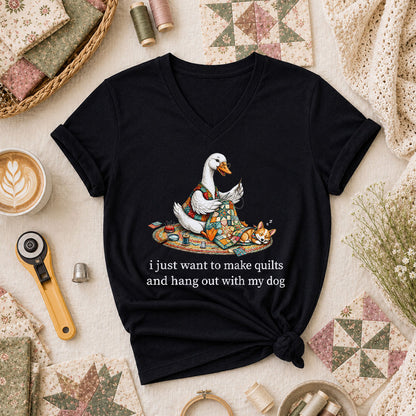 I Just Want To Make Quilts And Hang Out With My Dog Women's V-Neck - Black