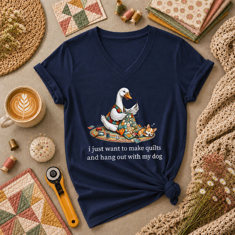 I Just Want To Make Quilts And Hang Out With My Dog Women's V-Neck - Navy