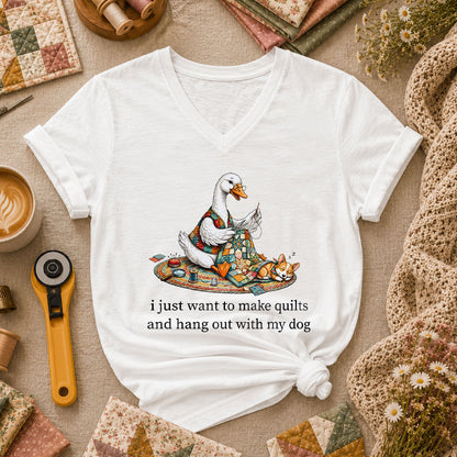 I Just Want To Make Quilts And Hang Out With My Dog Women's V-Neck - White