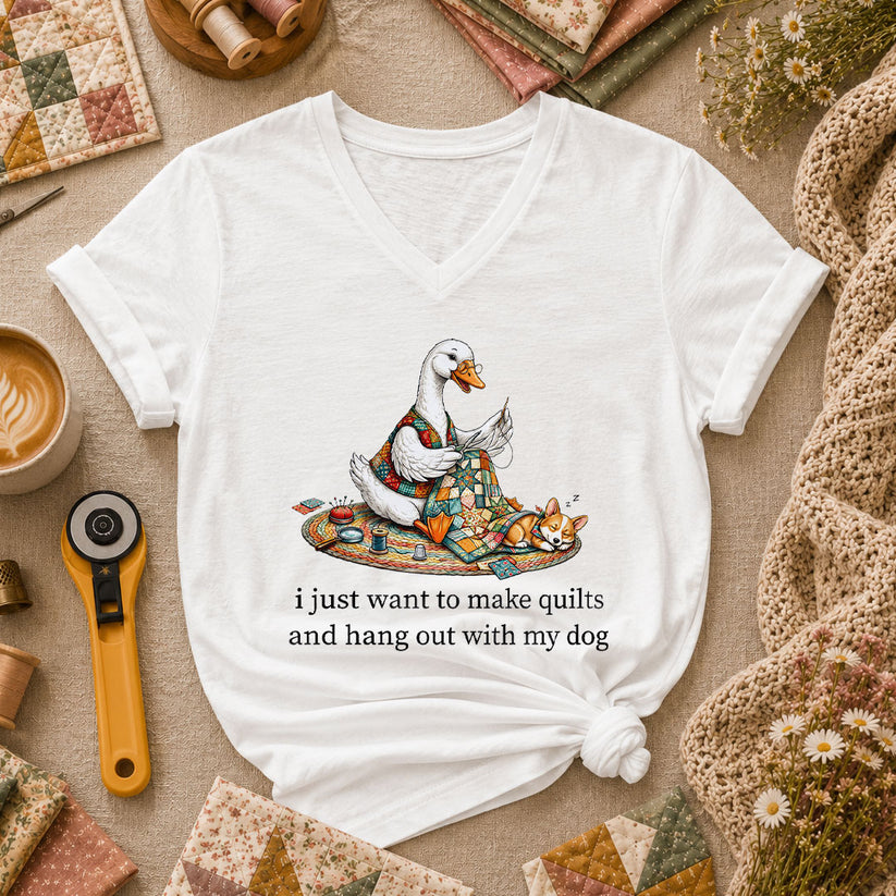 I Just Want To Make Quilts And Hang Out With My Dog Women's V-Neck - White