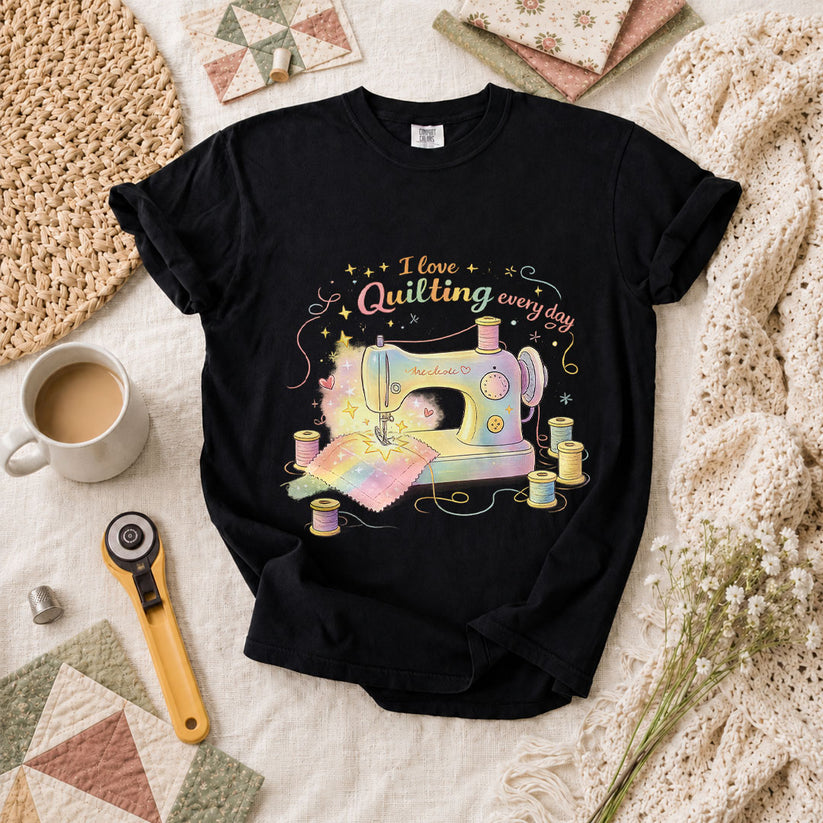 I Love Quilting Every Day Pastel T-Shirt - Black
