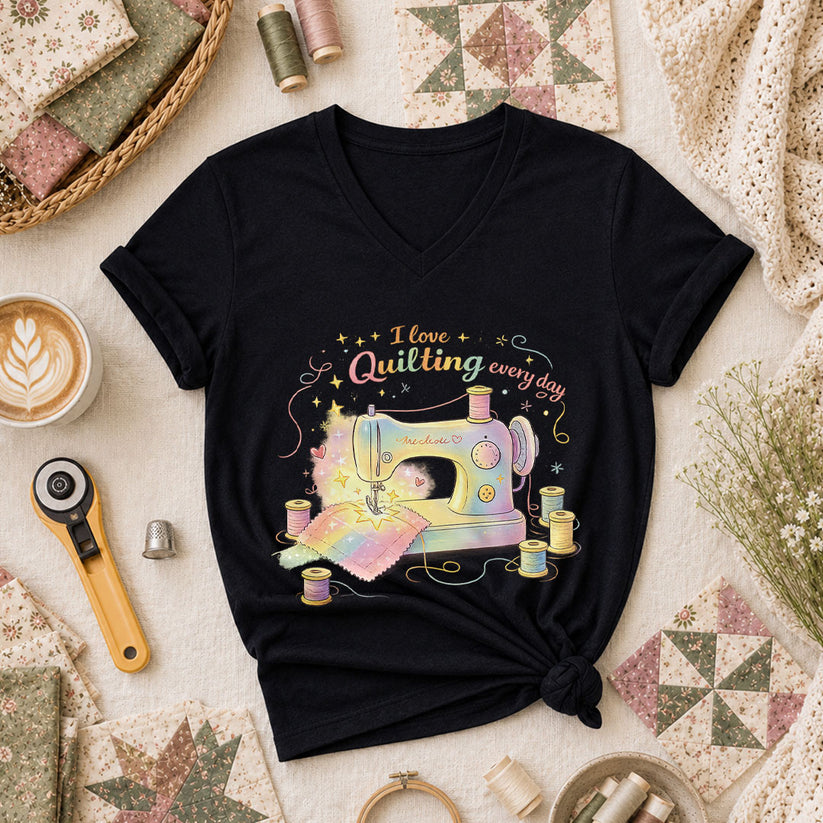 I Love Quilting Every Day Pastel Women's V-Neck - Black
