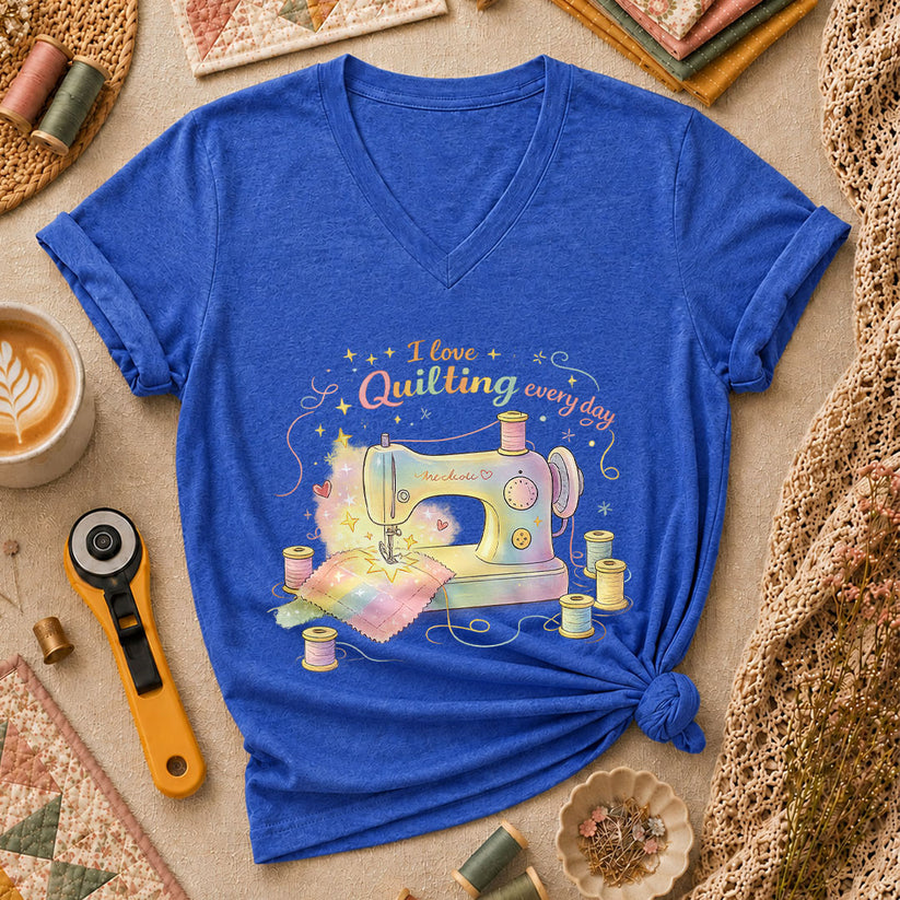 I Love Quilting Every Day Pastel Women's V-Neck - Heather True Royal