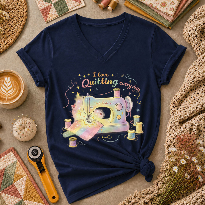 I Love Quilting Every Day Pastel Women's V-Neck - Navy
