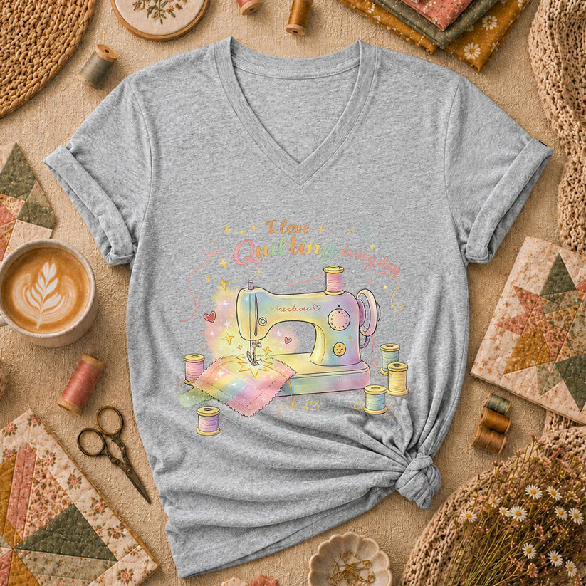 I Love Quilting Every Day Pastel Women's V-Neck - Sport Grey