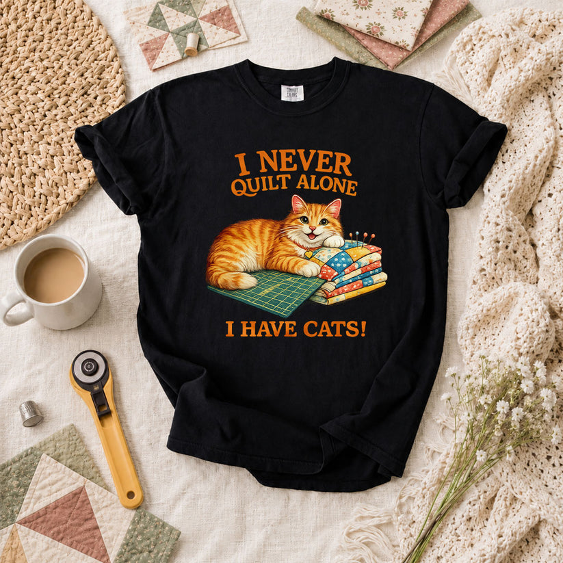 I Never Quilt Alone I Have Cats Cottage T-Shirt - Black