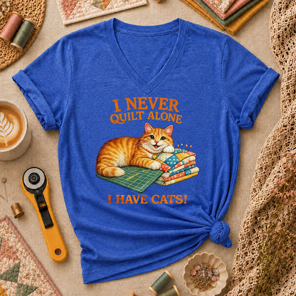 I Never Quilt Alone I Have Cats Cottage Women's V-Neck - Heather True Royal