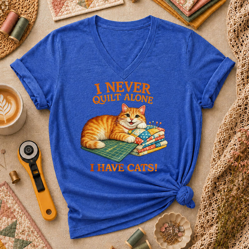 I Never Quilt Alone I Have Cats Cottage Women's V-Neck - Heather True Royal
