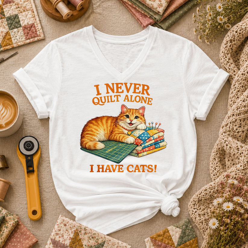 I Never Quilt Alone I Have Cats Cottage Women's V-Neck - White