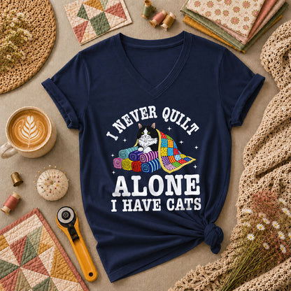 I Never Quilt Alone I Have Cats Women's V-Neck - Navy