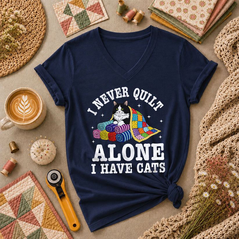 I Never Quilt Alone I Have Cats Women's V-Neck - Navy