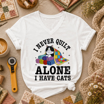 I Never Quilt Alone I Have Cats Women's V-Neck - White