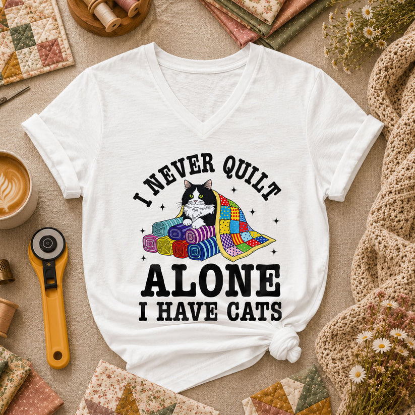 I Never Quilt Alone I Have Cats Women's V-Neck - White