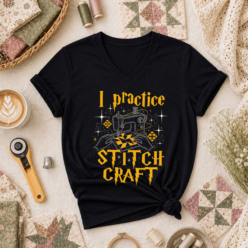 I Practice Stitch Craft Wizard Sewing Women's V-Neck - Black