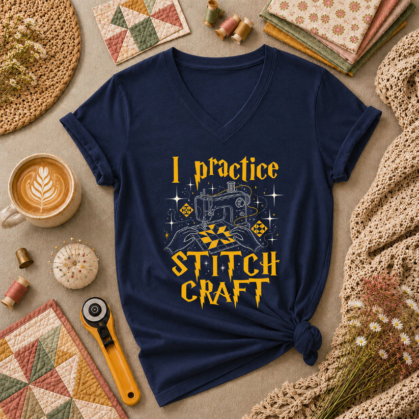 I Practice Stitch Craft Wizard Sewing Women's V-Neck - Navy