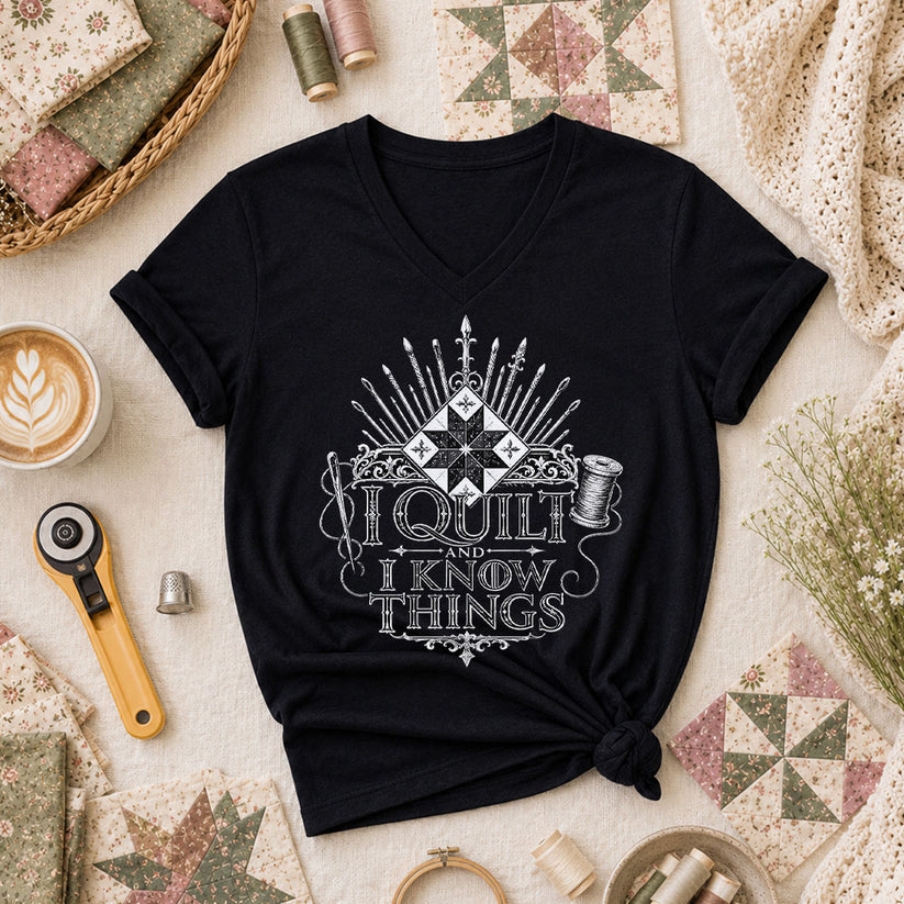I Quilt And I Know Things Women's V-Neck - Black