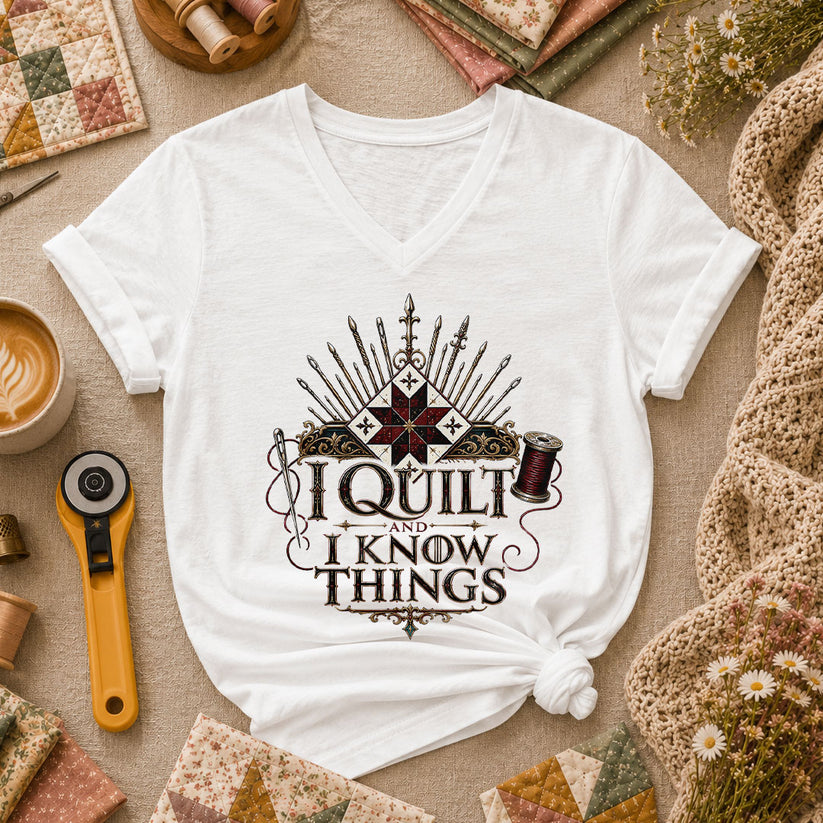 I Quilt And I Know Things Women's V-Neck - White