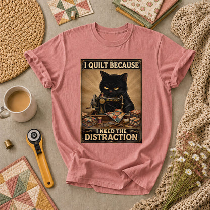 I Quilt Because I Need The Distraction Black Cat T-Shirt - Heather Mauve