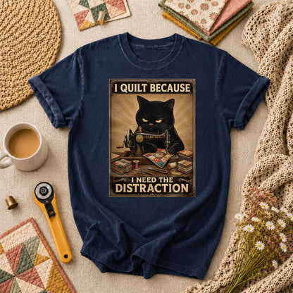 I Quilt Because I Need The Distraction Black Cat T-Shirt - Navy