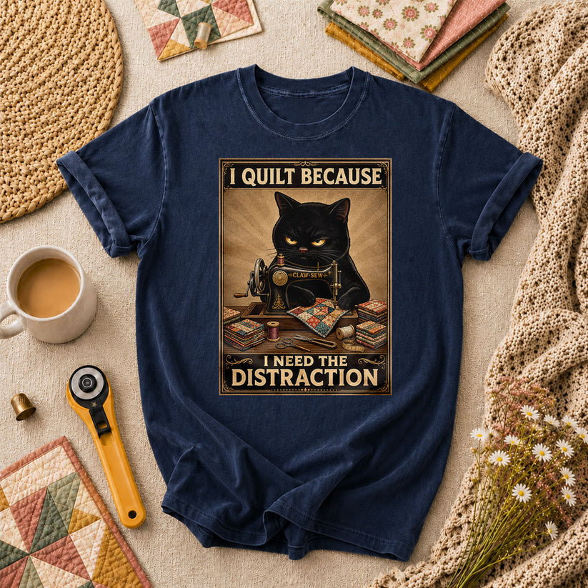 I Quilt Because I Need The Distraction Black Cat T-Shirt - Navy