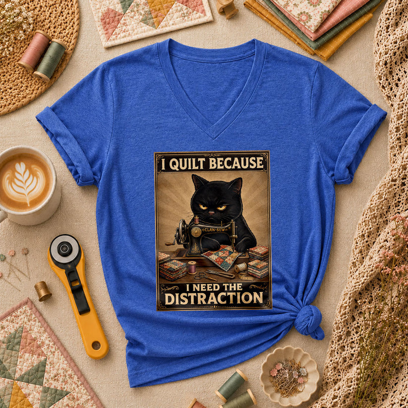 I Quilt Because I Need The Distraction Black Cat Women's V-Neck - Heather True Royal