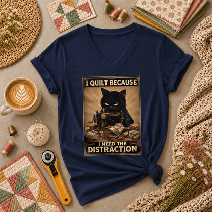 I Quilt Because I Need The Distraction Black Cat Women's V-Neck - Navy