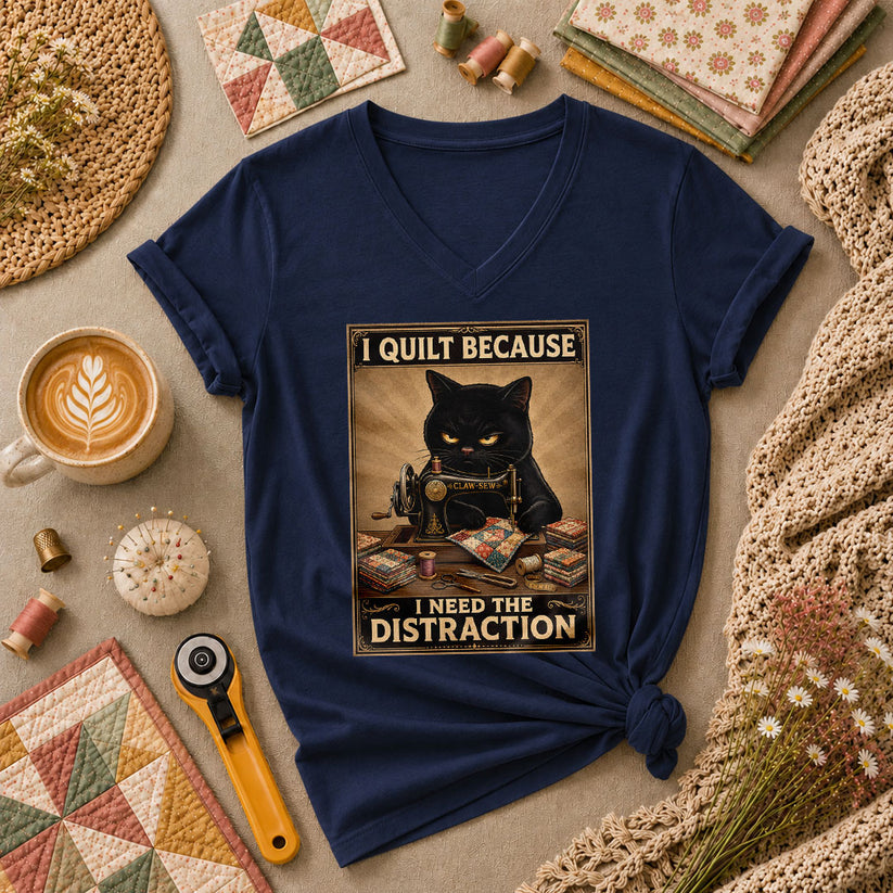 I Quilt Because I Need The Distraction Black Cat Women's V-Neck - Navy