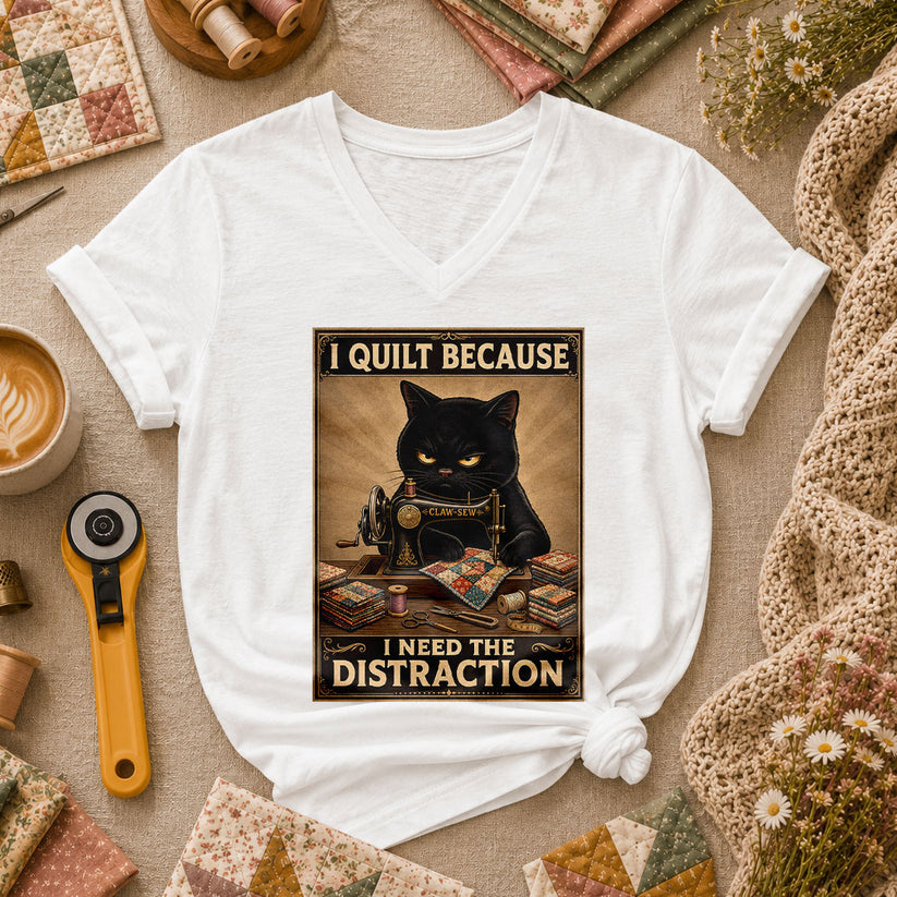 I Quilt Because I Need The Distraction Black Cat Women's V-Neck - White