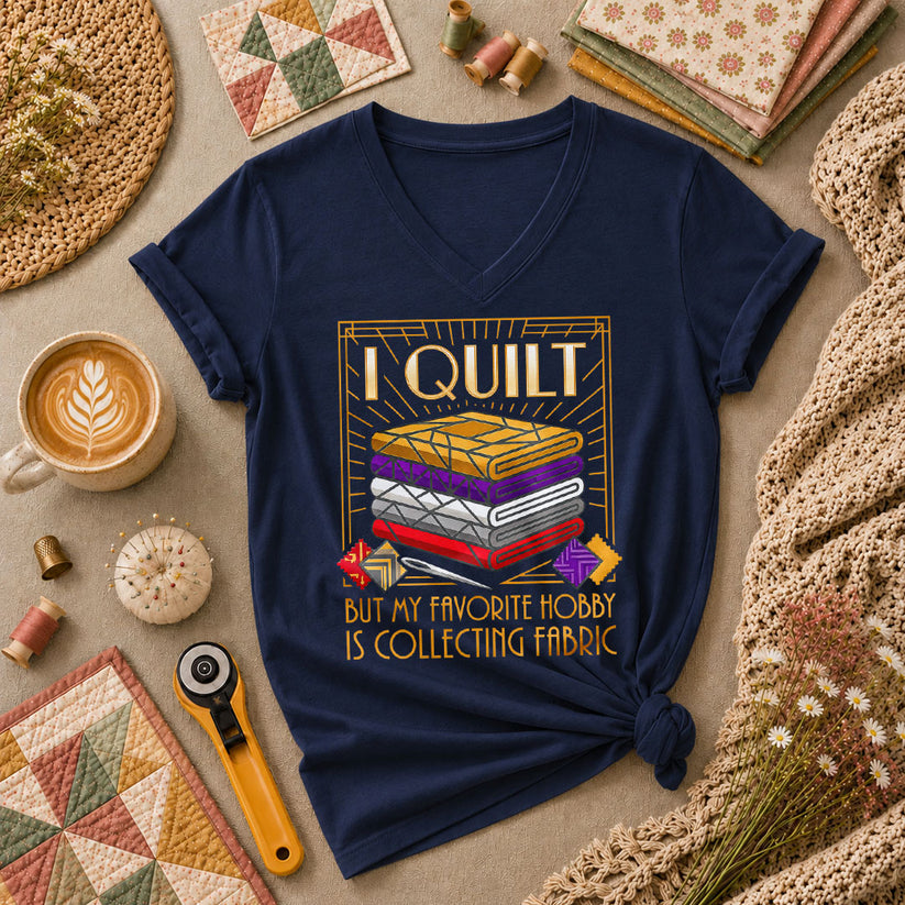 I Quilt But My Favorite Hobby Is Collecting Fabric Tools Women's V-Neck - Navy
