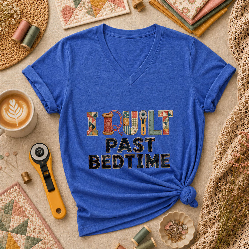 I Quilt Past Bedtime Women's V-Neck - Heather True Royal