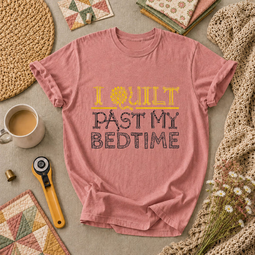 I Quilt Past My Bedtime Sewing Tools Typography T-Shirt - Heather Mauve