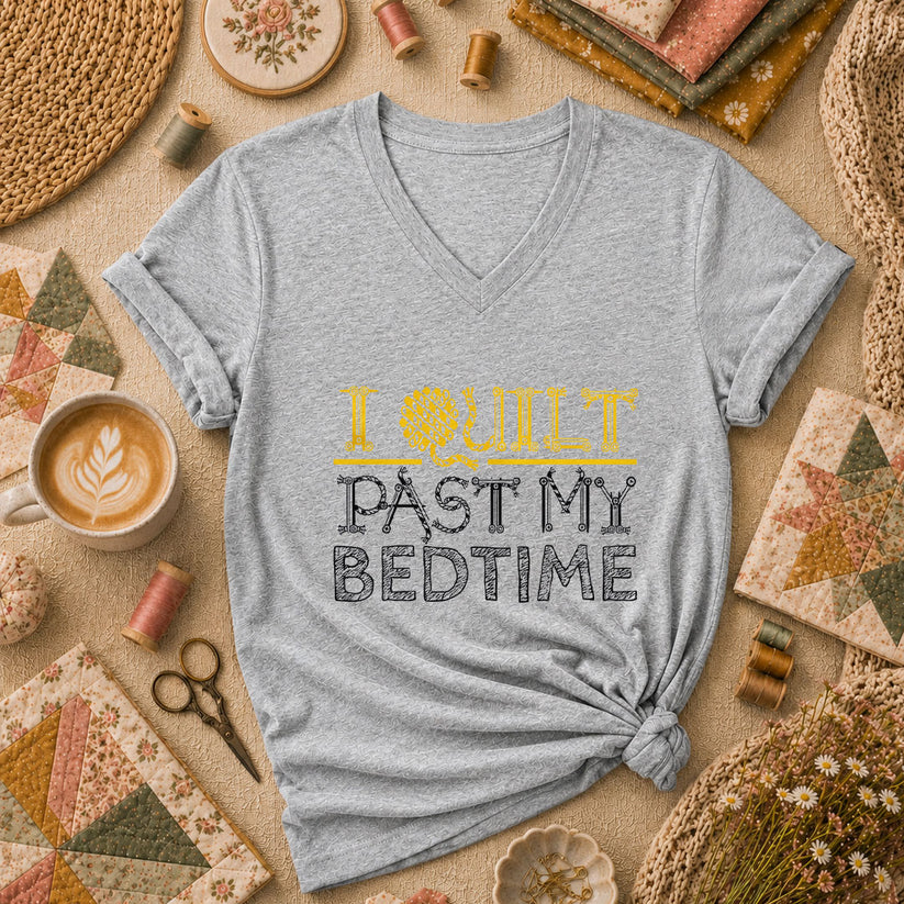 I Quilt Past My Bedtime Sewing Tools Typography Women's V-Neck - Athletic Heather