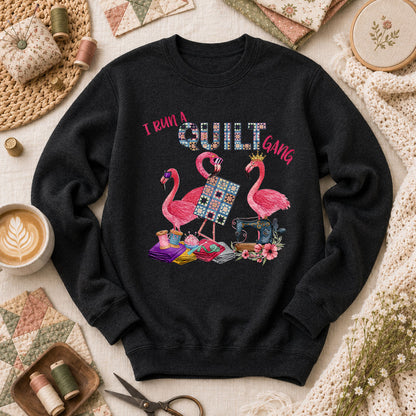 I Run A Quilt Gang Flamingos Long Sleeve - Black