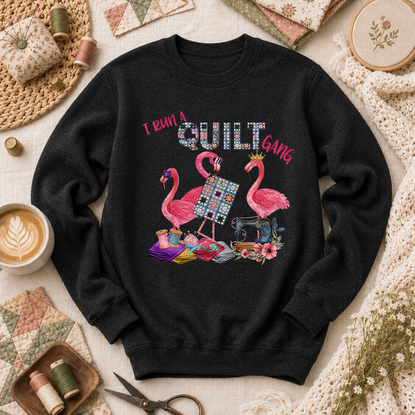 I Run A Quilt Gang Flamingos Long Sleeve - Black