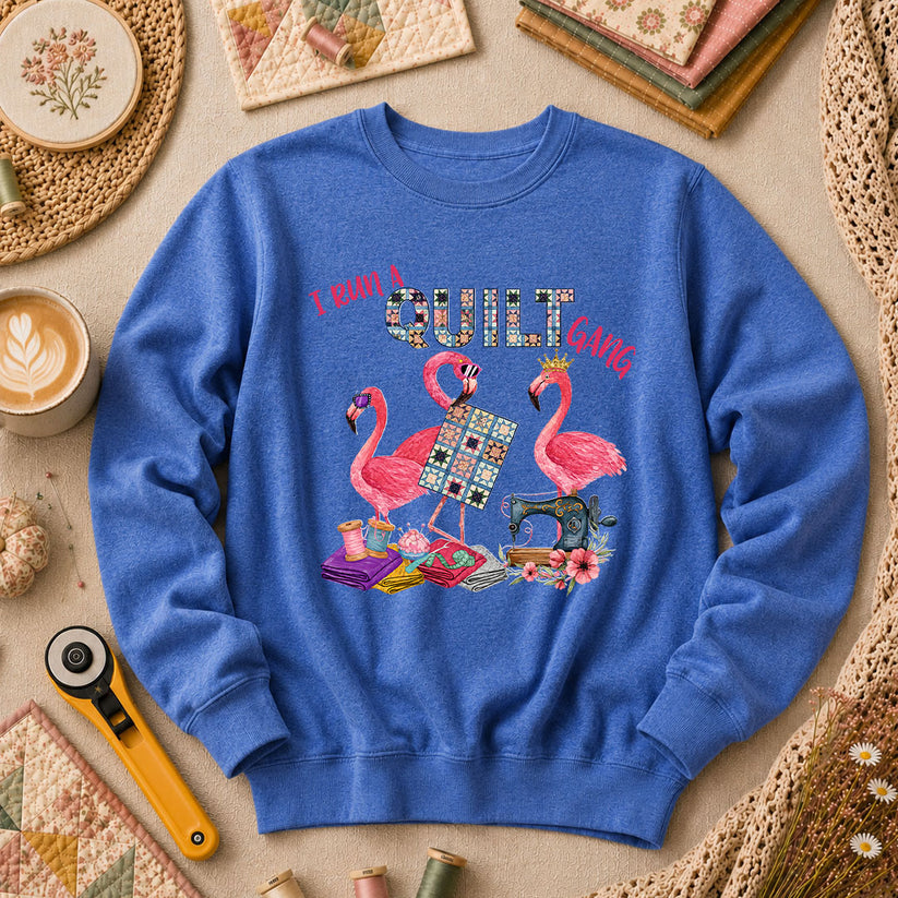 I Run A Quilt Gang Flamingos Long Sleeve - Heather True Royal